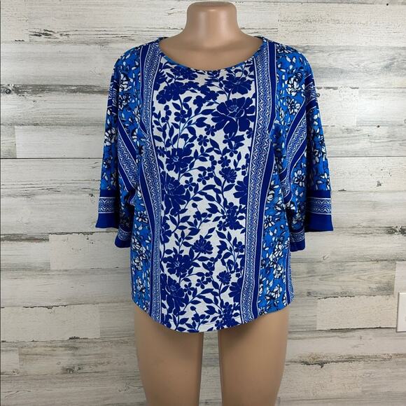 Bob Mackie Mix Floral Print Dolman Sleeve Knit Top Size Medium Blue Art To Wear - Picture 1 of 8